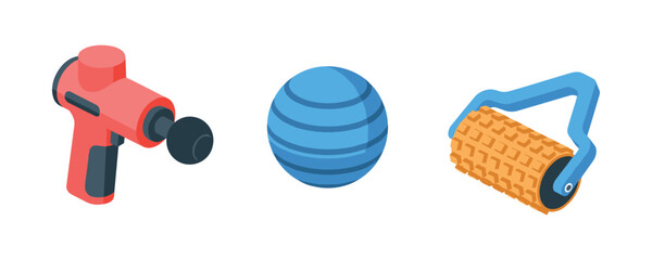 Collection of fitness tools: massage gun, exercise ball, foam roller