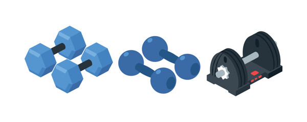 Set of three dumbbells: hexagonal, rounded, adjustable weights in blue and black