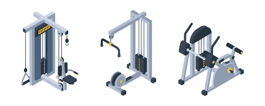 Isometric gym equipment set: pulldown machine, lat pulldown, abdominal crunch