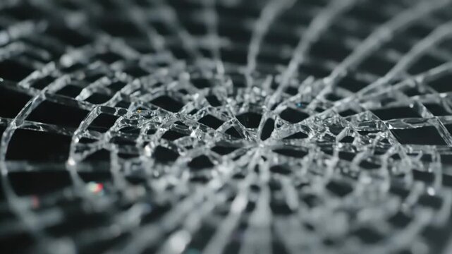 Intricate pattern of broken glass, sharp fragments and splinters forming a spiderweb design. Macro view of fractured surface with dramatic lighting.