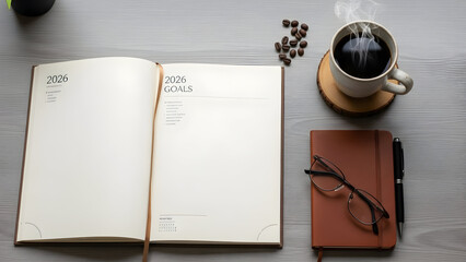 Open book coffee and journal on a wooden desk for a relaxing study session