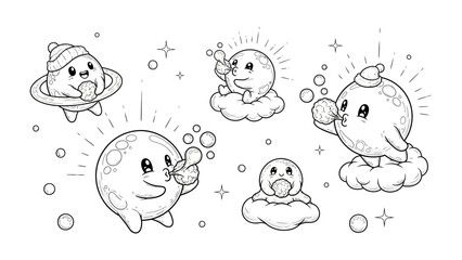 Fototapeta premium Celestial Charms: Whimsical illustrations of adorable celestial bodies and planets, each exuding a unique personality and charm, floating amidst a constellation of stars and bubbles. 