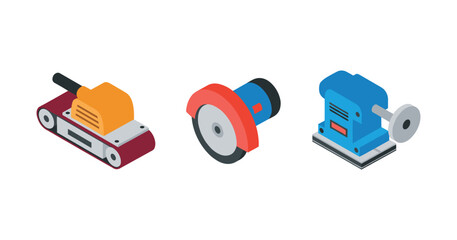 Isometric illustrations of belt sander, circular saw, and orbital sander tools