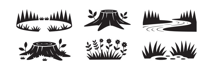 A collection of black and white nature icons featuring trees, plants, and a winding river scene