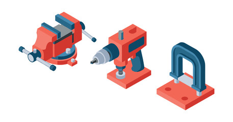 Red and blue isometric tools: drill, clamp, vice on white background