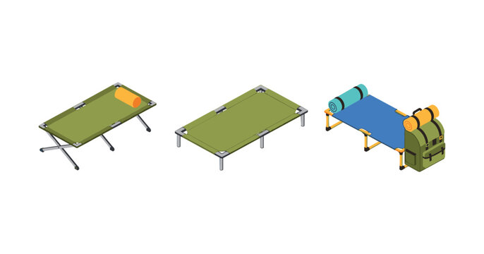 Isometric camping equipment: folding cot and portable bed with backpack