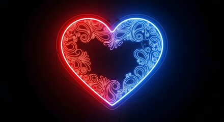 Glowing neon heart with red and blue lights on black background