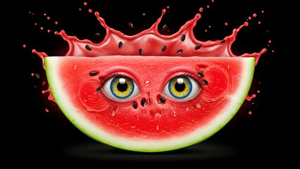 Watermelon Slice with Big Anime Eyes and Juice Splash