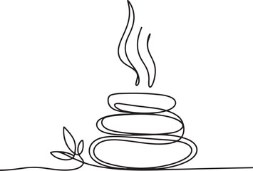 Continuous Line Art Illustration of Stacked Hot Stones with Small Leaf