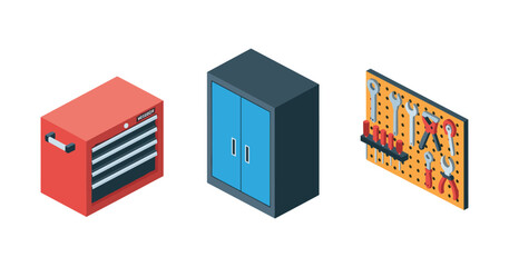 Garage storage solutions: tool chest, cabinet, and pegboard with tools