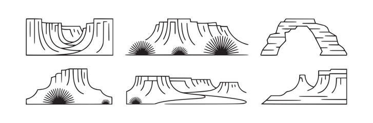 A collection of six desert landscape illustrations in a minimalist line art style on a white background