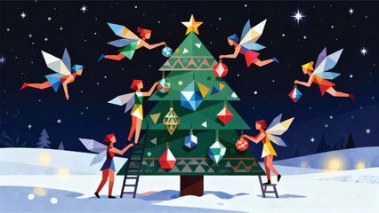 Obraz premium Illustration Of A Group Of Flying Fairies Working Together To Decorate A Christmas Tree At Night Vector Design Template