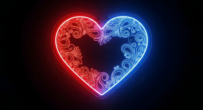 Glowing neon heart with red and blue lights on black background