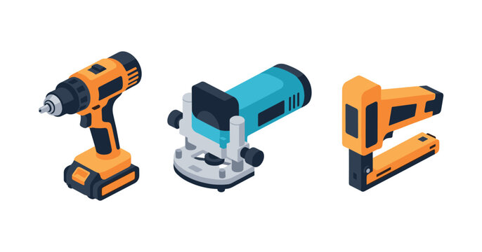 Set of electric tools: drill, router, staple gun on white background
