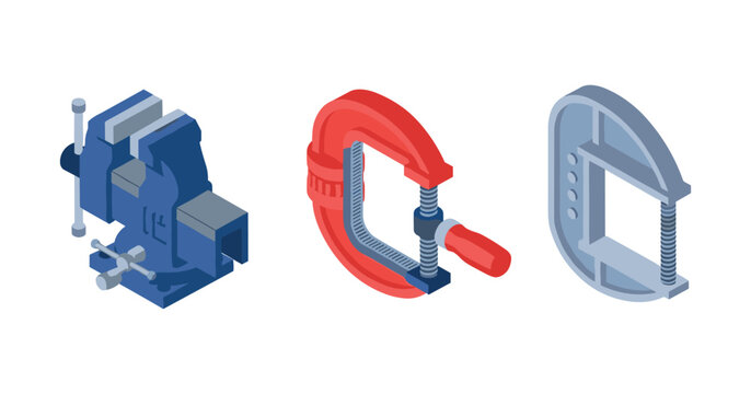Isometric illustrations of mechanical tools: bench vise, c-clamp, f-clamp