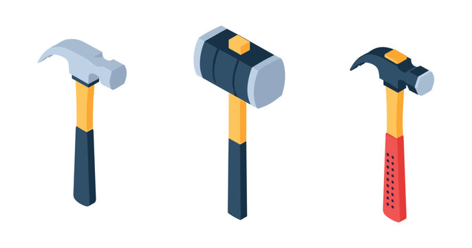 Set of three isometric hammers: claw, sledge, and ball peen tools