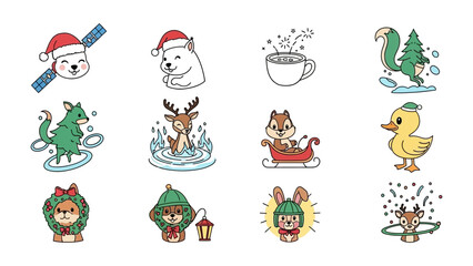 Festive Cartoon Characters for the Holiday Season: Whimsical illustrations, radiating seasonal cheer. These illustrations set the tone for holiday joy