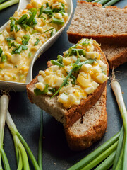 Tasty boiled egg with mayonnaise sandwich with green leek chopped and mixed yolk on crusty bread piece with portion of salad on black kitchen wooden table, close up view.