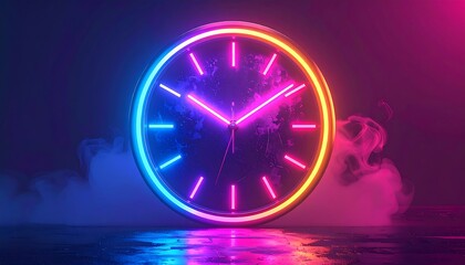 Vibrant neon clock with hands at 1220, surrounded by smoke on a reflective surface, against a dark background