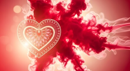 Ornate heart symbol emerging from red smoke romantic and ethereal