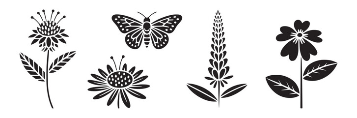 Black and white vector graphic featuring flowers and a butterfly in a simple illustrative style