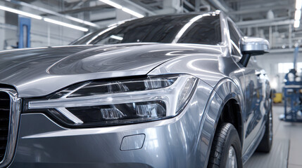 Fototapeta premium Sleek modern high-end silver vehicle parked inside a bright automotive manufacturing plant with detailed focus on the front headlight and body design reflecting indu