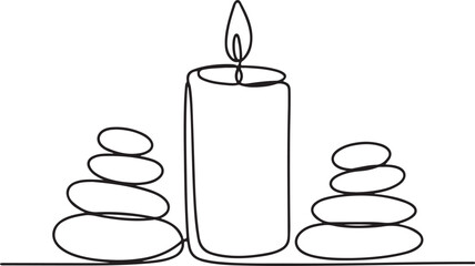 Continuous Line Art Illustration of Candle Surrounded by Stacked Stones