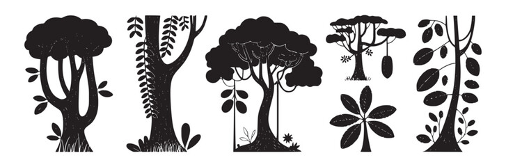 A collection of silhouetted tree illustrations with various shapes and foliage on a white background