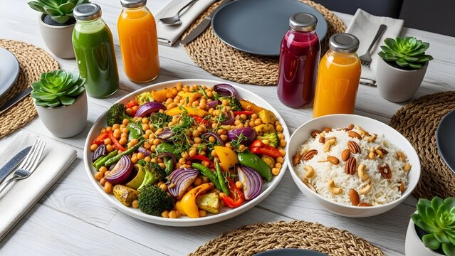 A delightful and healthy meal setting featuring various nutritious dishes. 