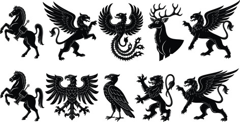 Collection of Heraldic Animal Silhouettes: Rearing Horse, Griffin, Phoenix, Stag, Eagle, and Rampant Lion Vector Set for Coat of Arms and Medieval Crest Design