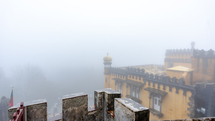 Foggy morning at Pena Palace in Sintra, Portugal