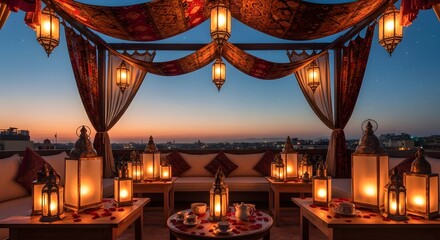 Romantic rooftop dinner setup with lanterns and sunset view in dubai