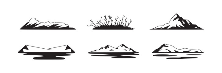 Collection of six black and white mountain and landscape graphic vector illustrations on white background