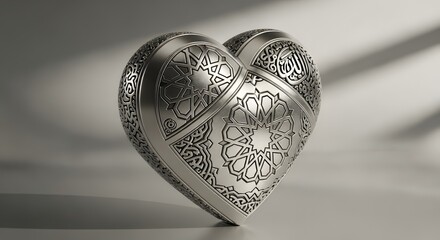 Intricate silver heart sculpture with detailed engravings reflecting light and shadow