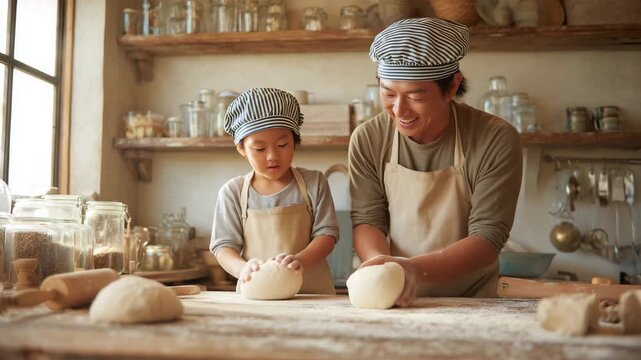 男性が息子と一緒に生地をこねる場面