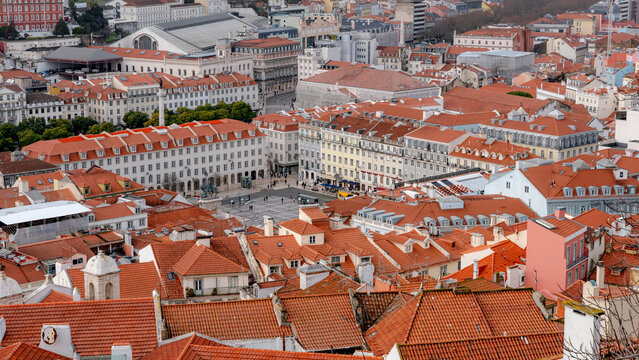 Lisbon view from Sao Jorge Castle with Rossio Square center