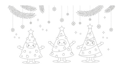 Festive Cheer: Whimsical Christmas trees in delightful poses, joyfully adorned with stars and snowflakes, capturing the whimsical spirit of the holiday season.
