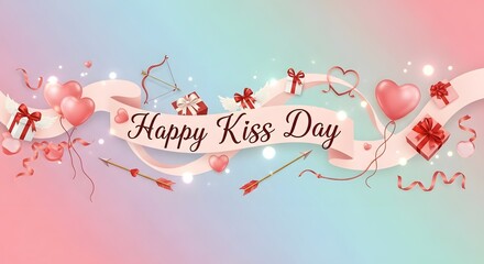 Happy kiss day celebration with hearts gifts ribbons and confetti on pastel background
