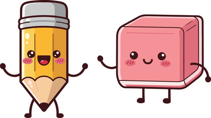 Cute Cartoon Pencil and Pink Eraser Mascot Characters Waving Hello, Best Friends Stationery Set, Happy School Supplies Vector Illustration for Education and Childhood Design
