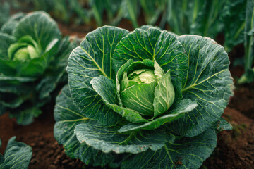 Fototapeta premium Fresh green cabbages growing in rich soil under natural light on a healthy vegetable farm ready for harvest in an outdoor garden setting
