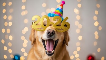 Happy Golden Retriever Dog Wearing 2026 Glasses and Party Hat, Celebrating New Year's Eve