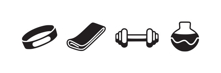 Black and white fitness icons including a smart watch resistance band dumbbell and water bottle