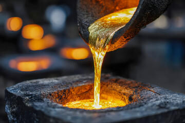 Close-up of molten metal being poured into a mold for casting in an industrial foundry with glowing orange light and blurred workshop background