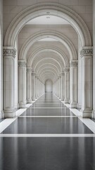 Endless Arched Hallway with Marble Columns and Reflective Black and White Tiled Floor Keywords: architecture, hallway, corridor, arches, columns, marble, stone, symmetry, perspective, interior