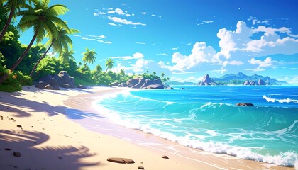 Vibrant seaside scene with palm trees, sandy beach, and turquoise water under a bright, cloud-dotted, blue sky