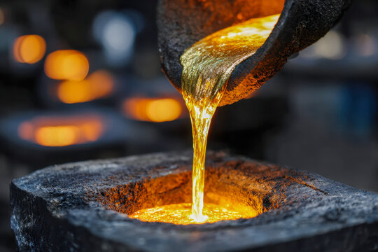 Close-up of molten metal being poured into a mold for casting in an industrial foundry with glowing orange light and blurred workshop background