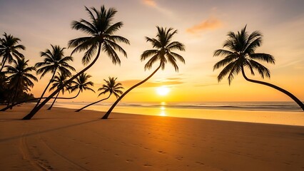 Obraz premium Tropical beach at sunset with palm trees casting shadows on the sand and the sun reflecting on the ocean