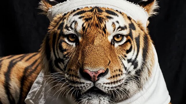 A tiger stares intensely with a bandage wrapped around its head set against a dark backdrop
