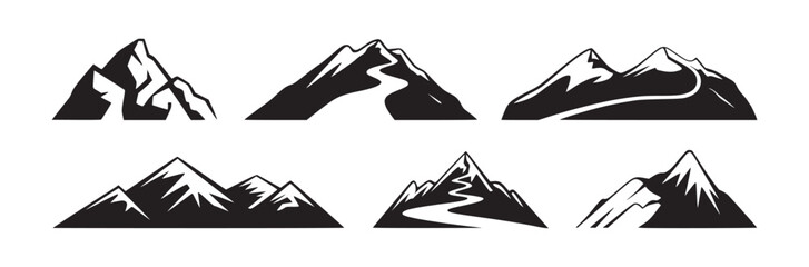 A set of six mountain illustrations in black and white showing different peaks and mountain formations