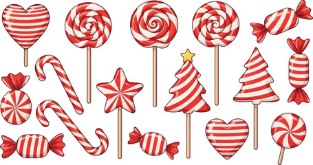 Collection of Red and White Striped Holiday Candies and Sweets on Transparent Background Vector Illustration